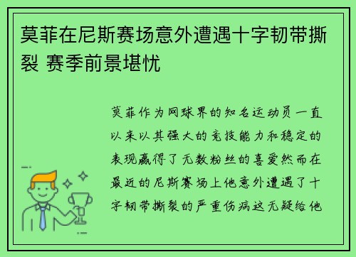 莫菲在尼斯赛场意外遭遇十字韧带撕裂 赛季前景堪忧