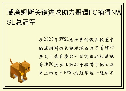 威廉姆斯关键进球助力哥谭FC摘得NWSL总冠军